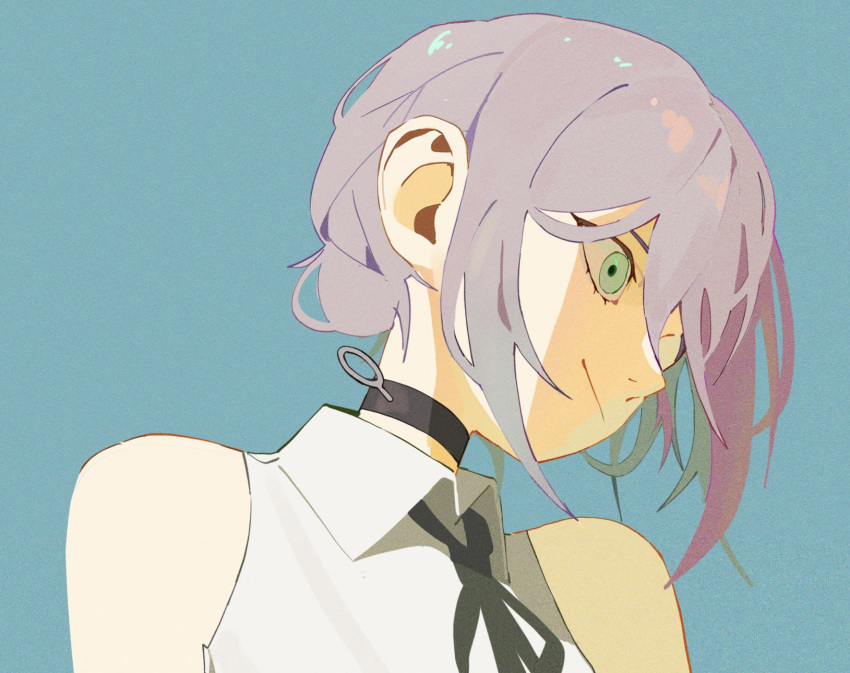 1girl, bangs, black_choker, black_ribbon, blue_background, chainsaw_man, choker, collared_shirt