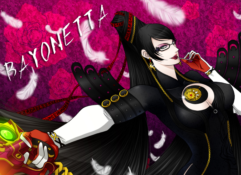 bayonetta, bayonetta_(character), black_hair, bodysuit, cleavage, cleavage_cutout, earrings, feathers