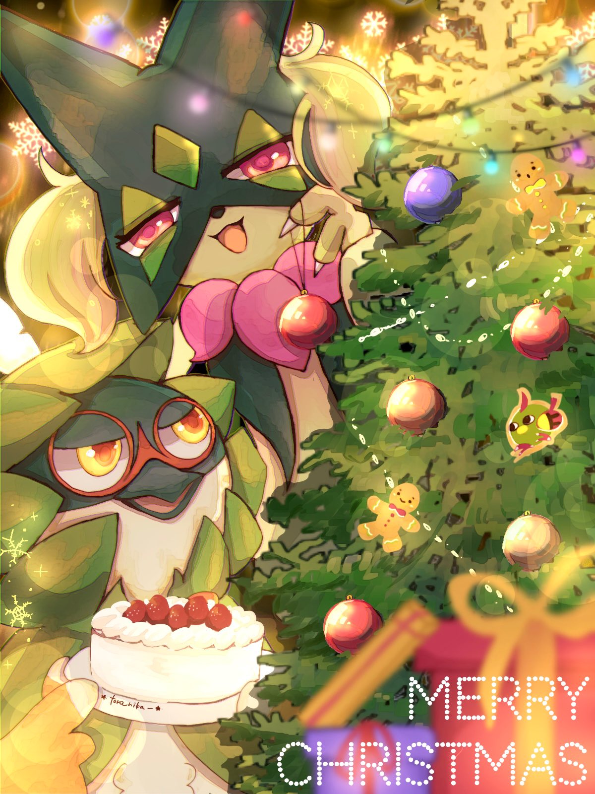 bauble, cake, christmas, christmas_tree, food, gift, highres, holding