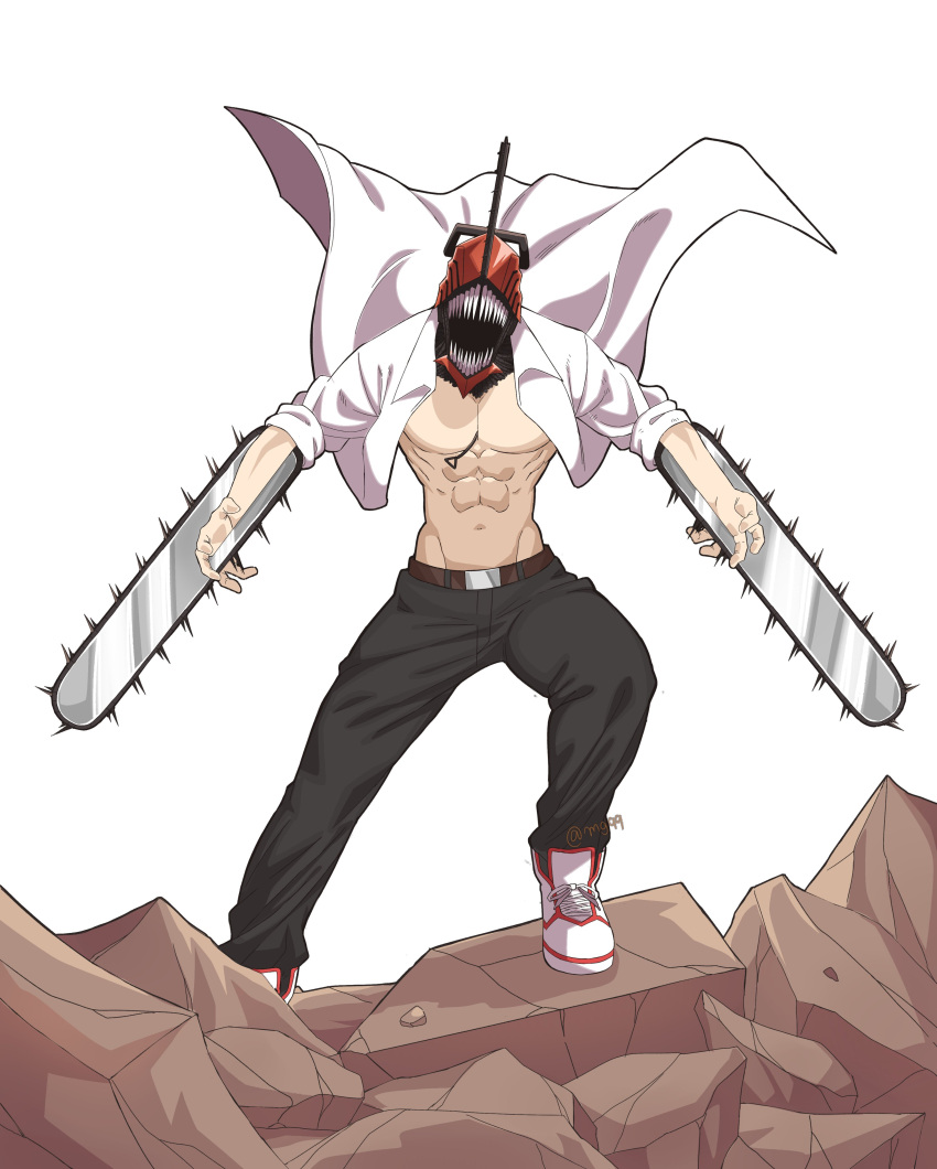 1boy, abs, absurdres, belt, black_pants, chainsaw, chainsaw_man, collared_shirt