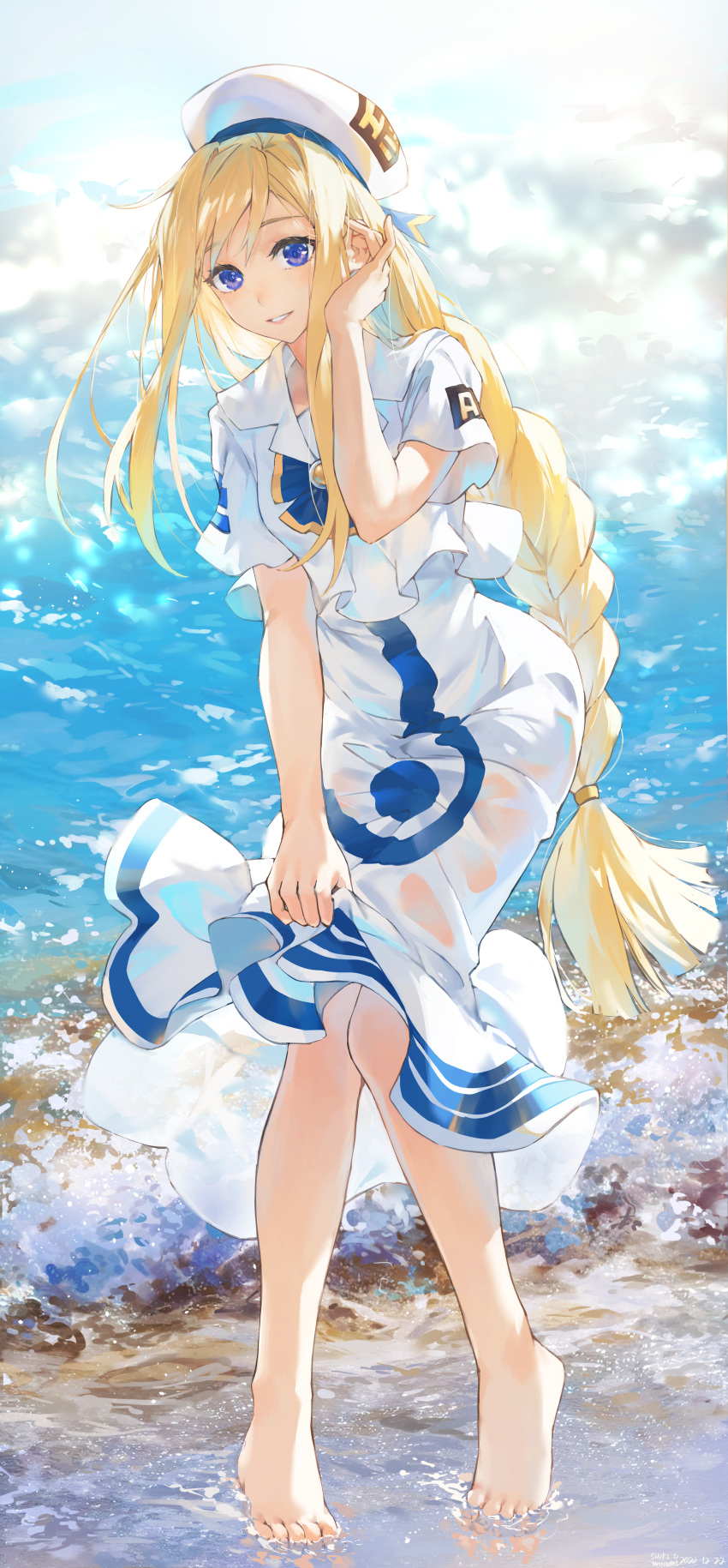 1girl, absurdres, alicia_florence, aria, aria_company_uniform, artist_name, bangs, barefoot, beach, blonde_hair, bloom, blouse, blue_bow, blue_bowtie, blue_eyes, bow, bowtie, braid, braided_ponytail, dated, day, dress, feet, floating_hair, frilled_shirt, frills, full_body, hair_tucking, hand_up, hat, heel_up, highres, holding, knees_together_feet_apart, long_dress, long_hair, looking_at_viewer, ocean, outdoors, parted_lips, sailor_collar, see-through, shirt, shore, short_sleeves, sidelocks, single_braid, skirt_hold, smile, solo, standing, swkl:d, tiptoes, toes, twitter_username, uniform, very_long_hair, water, waves, wet, wet_clothes, white_dress, white_headwear, white_sailor_collar, white_shirt