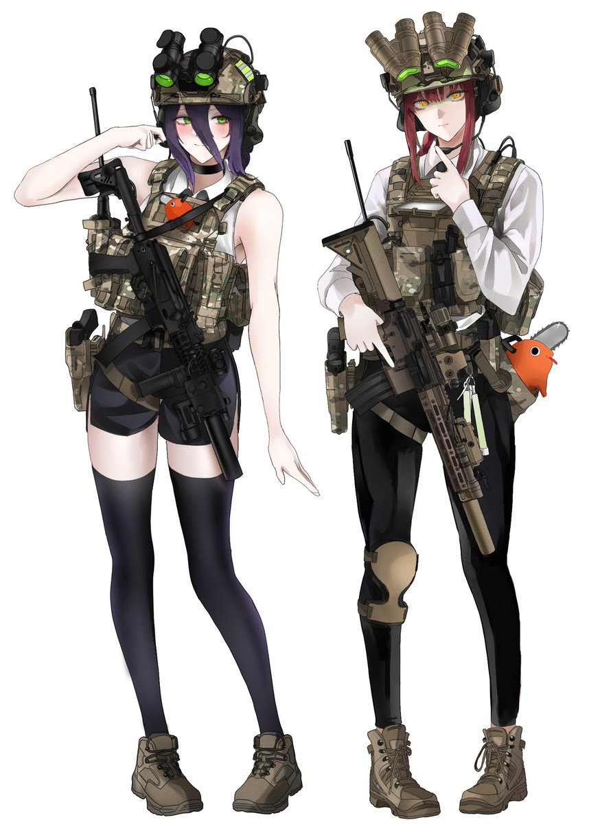 2girls, assault_rifle, boots, chainsaw_man, green_eyes, gun, handgun, helmet, highres, hk416, holstered_weapon, knee_pads, makima_(chainsaw_man), multiple_girls, necktie, night_vision_device, pochita_(chainsaw_man), pp-19-01, purple_hair, pz-15, redhead, reze_(chainsaw_man), rifle, single_knee_pad, sleeveless, tactical_clothes, thigh-highs, trigger_discipline, weapon, white_background, yellow_eyes