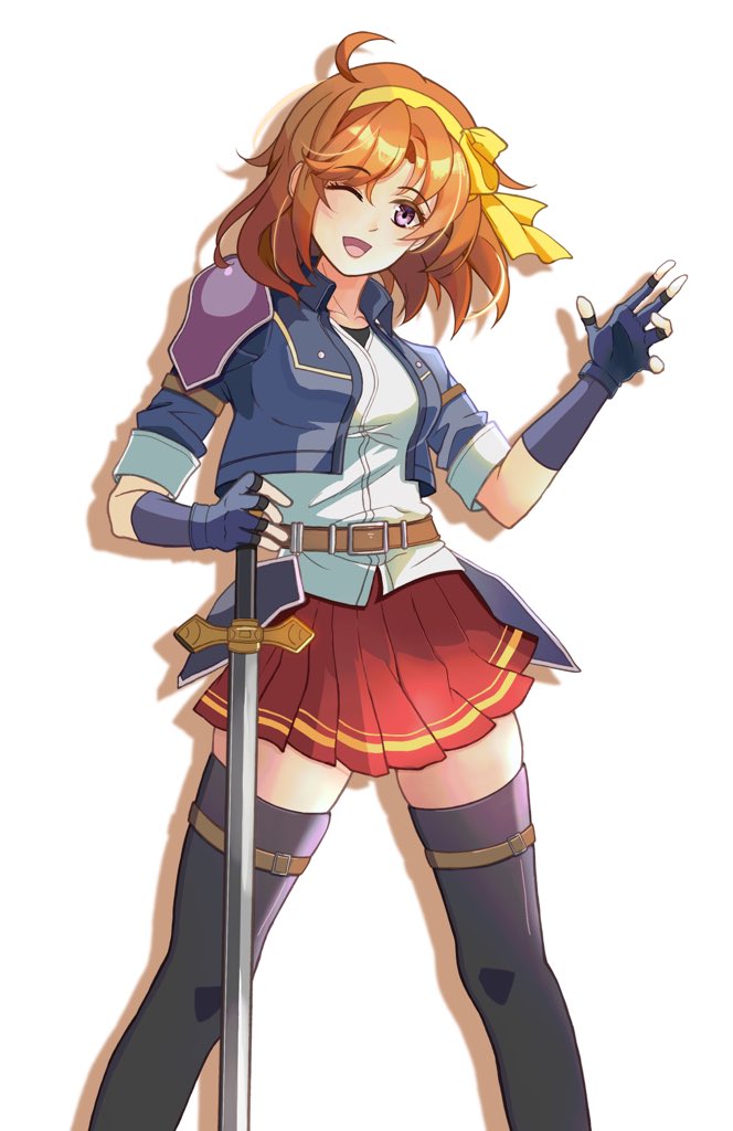1girl, ahoge, armor, brown_hair, cropped_jacket, eiyuu_densetsu, fingerless_gloves, gloves, holding, holding_sword, holding_weapon, looking_at_viewer, one_eye_closed, pauldrons, riwancece_428, shoulder_armor, simple_background, skirt, smile, solo, sora_no_kiseki, sword, thigh-highs, violet_eyes, weapon, white_background
