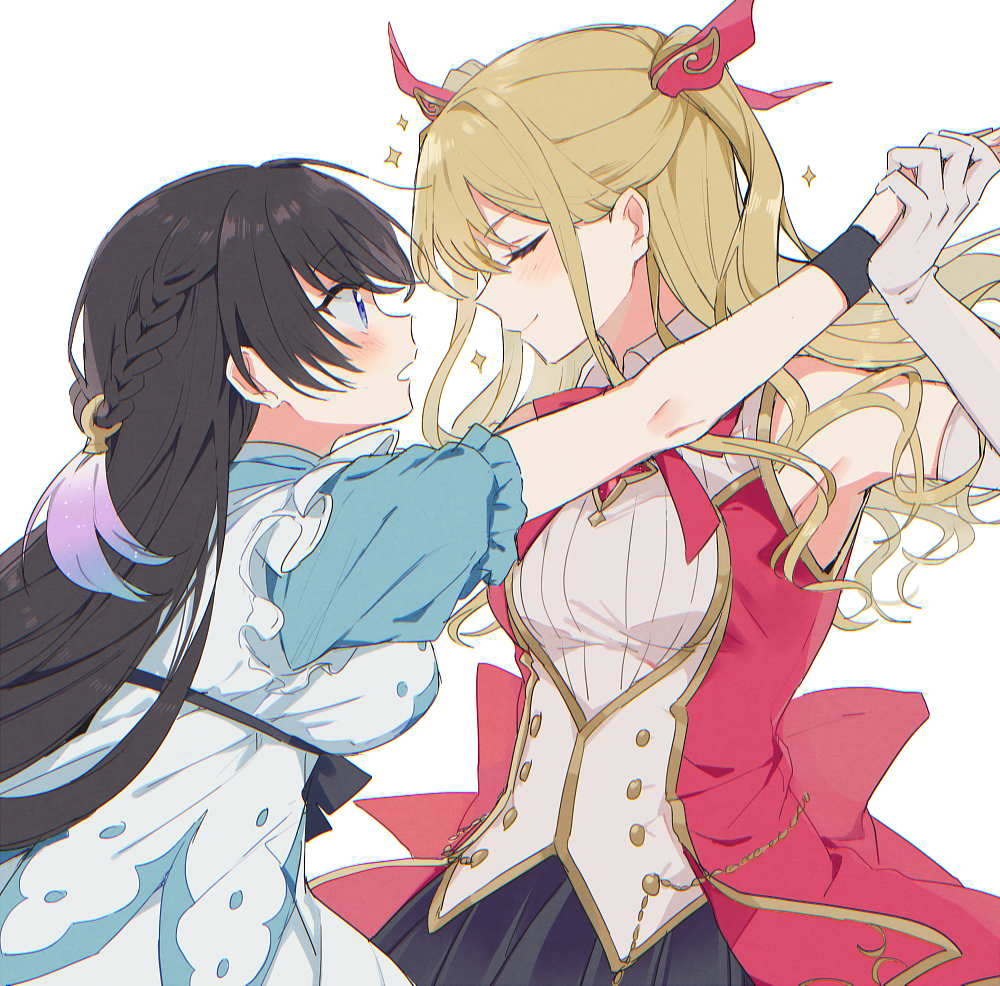 2girls, :o, ami_ria, bangs, black_hair, black_skirt, black_wristband, blonde_hair