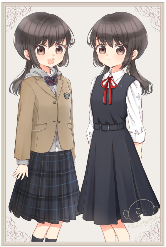 2girls, :d, arms_at_sides, artist_name, bangs, belt, black_eyes, black_skirt