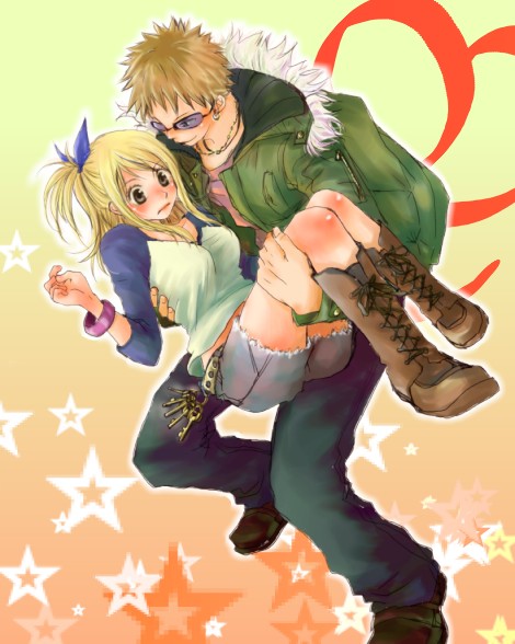 1girl, bangle, blonde_hair, blush, boots, brown_hair, carrying, couple, earrings, fairy_tail, fur_trim, hair_ribbon, jacket, jewelry, key, loke_(fairy_tail), lucy_heartfilia, necklace, princess_carry, ribbon, shiara, shorts, side_ponytail, sunglasses