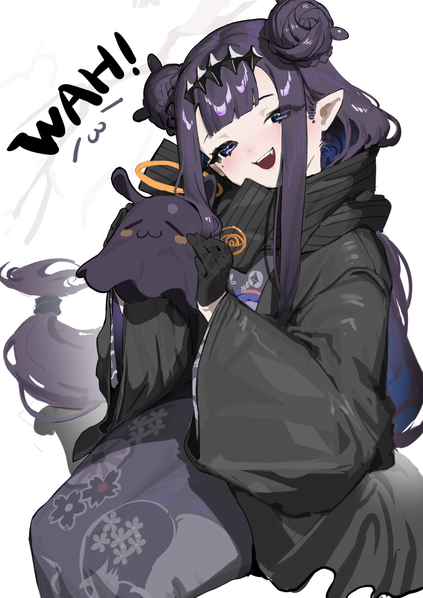 1girl, 1other, :3, absurdres, animal, bangs, black_gloves, black_kimono