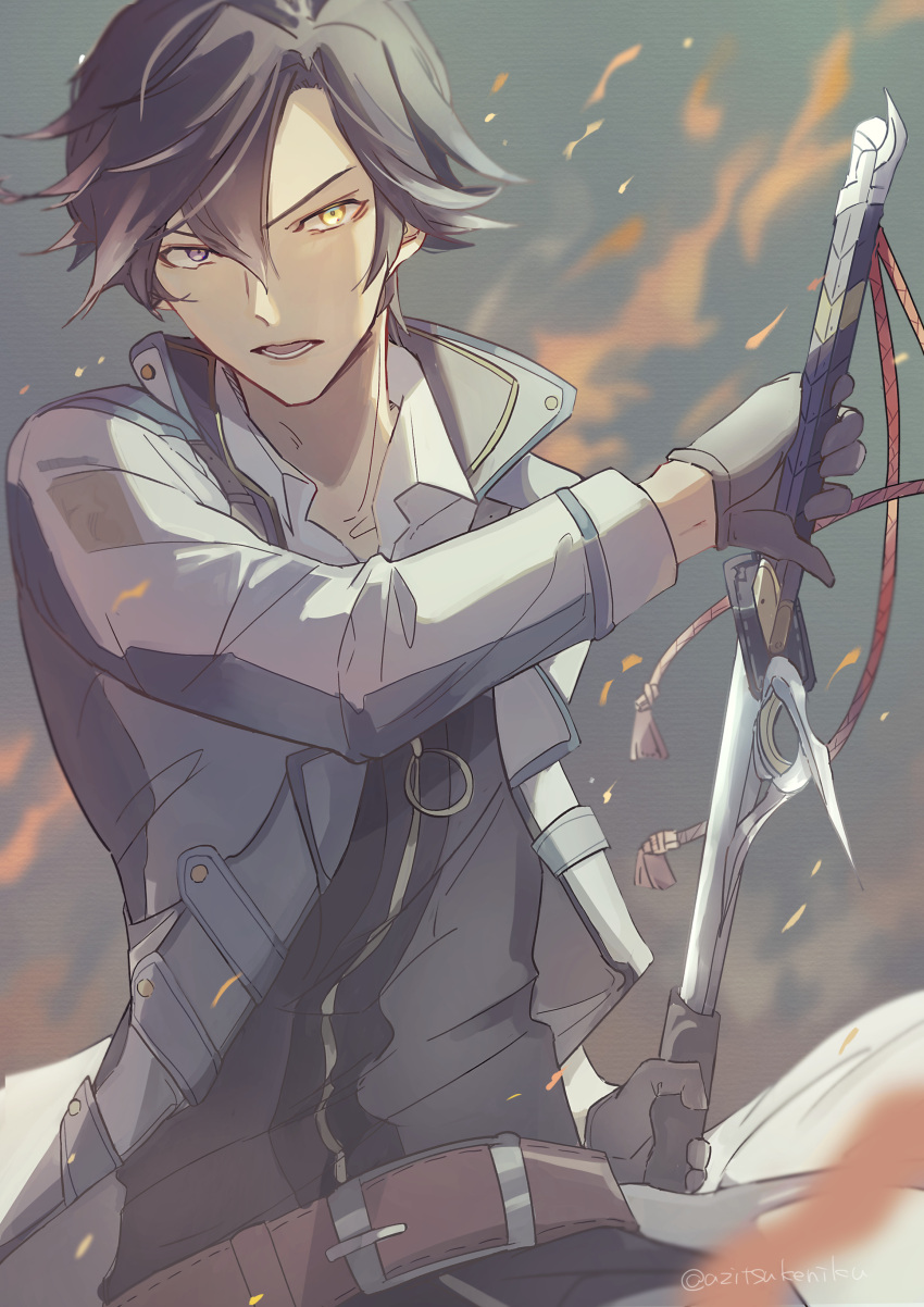 1boy, absurdres, azitsukeniku, black_hair, coat, eiyuu_densetsu, fire, gloves