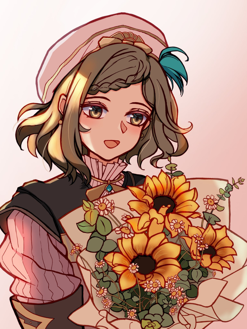 1girl, bouquet, braid, flower, grey_eyes, grey_hair, hat, highres