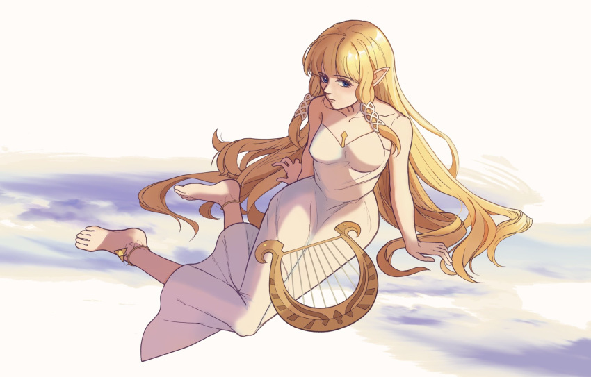 1girl, anklet, barefoot, blonde_hair, blue_eyes, braid, dress, elf