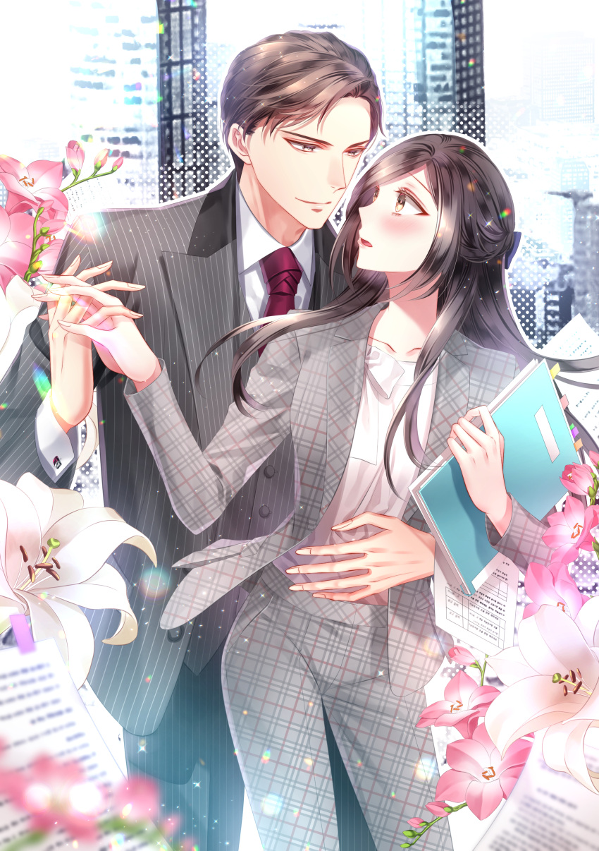 1boy, 1girl, absurdres, araragi_soushi, arm_around_waist, black_hair, blush, brown_eyes, brown_hair, eye_contact, flower, formal, grey_pants, hetero, highres, indoors, interlocked_fingers, long_hair, looking_at_another, necktie, official_art, open_mouth, original, pants, paper, plaid, plaid_pants, red_necktie, striped_suit, suit, window