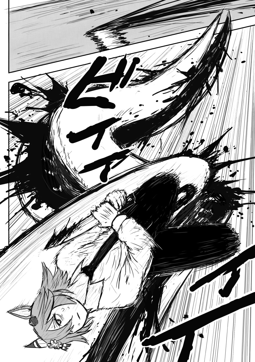 +_+, 1girl, 1other, absurdres, animal_ears, blood, blood_on_knife, chainsaw_man