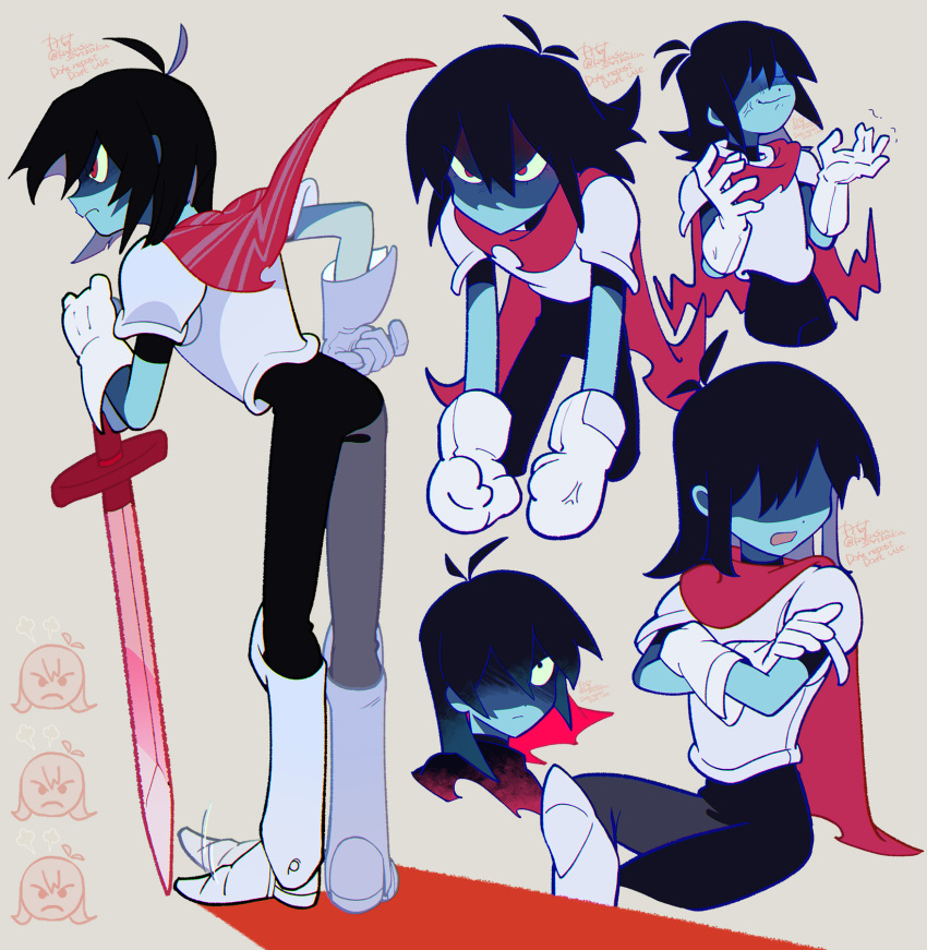 1other, anger_vein, angry, armor, armored_boots, black_bodysuit, black_hair, blue_skin