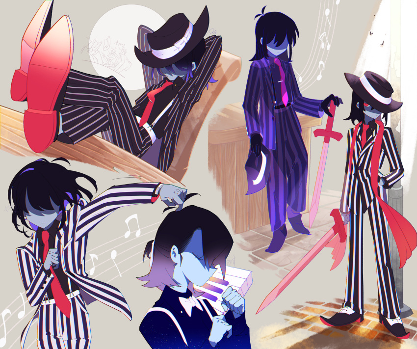 1other, alternate_costume, black_hair, black_headwear, blue_skin, chair, closed_eyes, closed_mouth