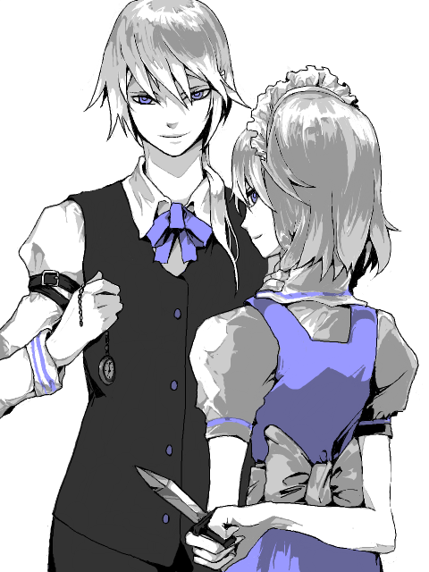 ann606, clock, dual_persona, genderswap, izayoi_sakuya, knife, maid, tegaki