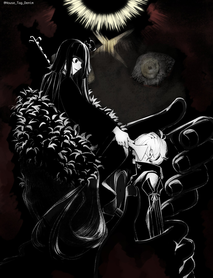 1boy, 1girl, absurdres, biwa_lute, camellia, commentary_request, covered_eyes, disembodied_limb, elbow_gloves, empty_eyes, eyes_in_shadow, fate/grand_order, fate_(series), flower, giant_hand, gloves, greyscale, hair_flower, hair_ornament, highres, hime_cut, holding, holding_plectrum, house_tag_denim, in_palm, instrument, ishida_mitsunari_(fate), japanese_clothes, kimono, komahime_(fate), korean_commentary, leaf, long_hair, looking_at_another, lute_(instrument), monochrome, open_mouth, outstretched_hand, parted_lips, plectrum, short_hair, sleeveless_coat, smile, spot_color, tears, toyotomi_hideyoshi_(fate), upper_body