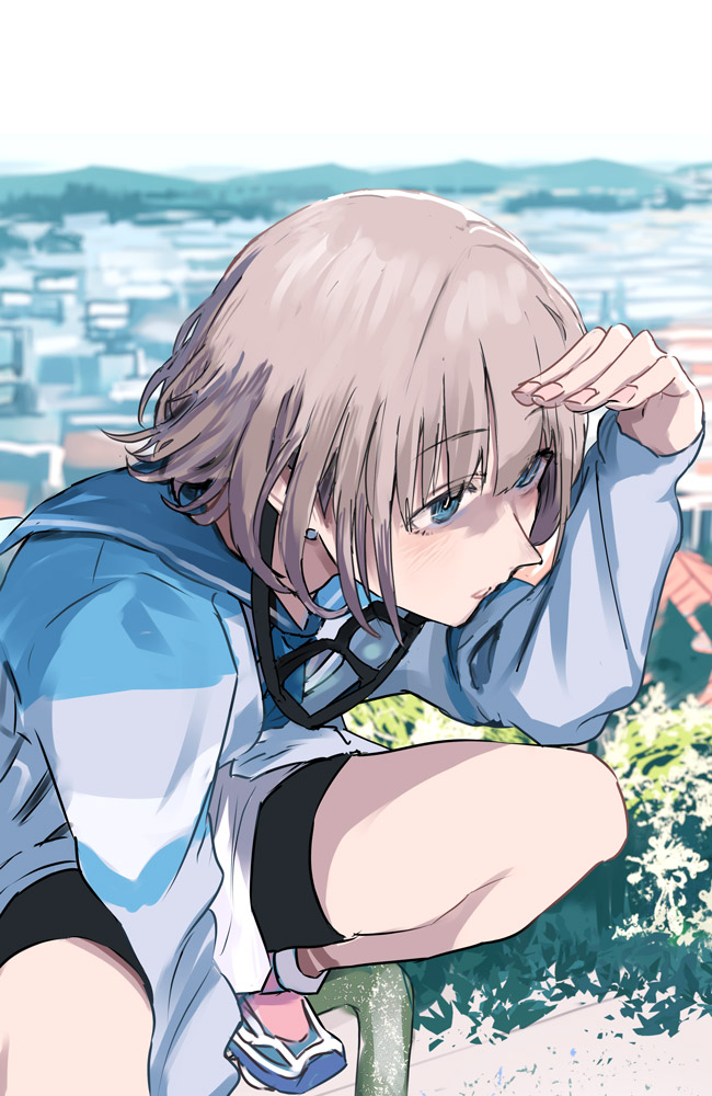 1girl, bangs, bike_shorts, blue_eyes, blue_sailor_collar, blurry, blurry_background, bob_cut
