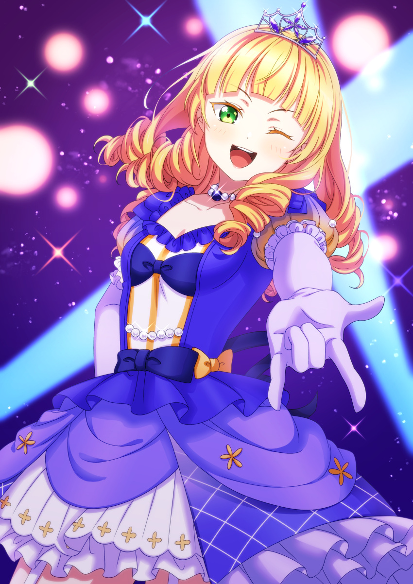 1girl, absurdres, bead_necklace, beads, blonde_hair, breasts, dress, gloves