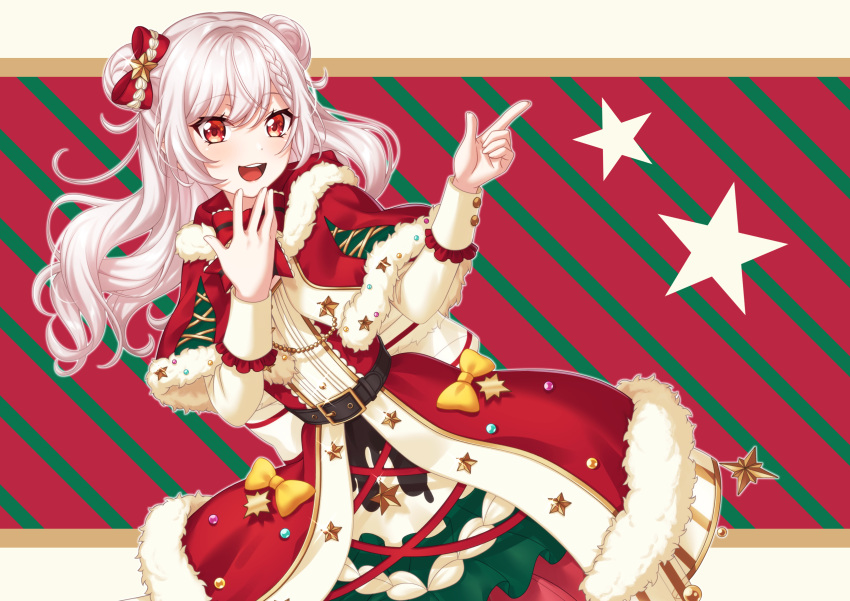 1girl, absurdres, back_bow, belt, bow, cape, capelet, christmas, double_bun, frilled_dress, fur_trim, hair_bun, half_updo, hand_at_mouth, highres, long_hair, original, pink_hair, pochimaru_(marumaru_wanwan), red_bow, red_eyes, simple_background, star_hair_ornament, striped, striped_background, tagme, white_bow, white_hair, yellow_bow