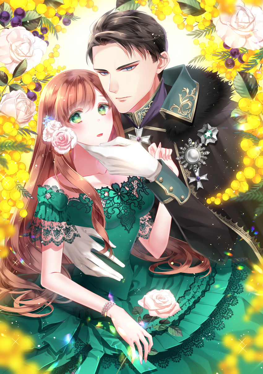 1boy, 1girl, absurdres, araragi_soushi, black_hair, blush, brown_hair, dress, eye_contact, flower, formal, fur_trim, gloves, green_dress, green_eyes, grey_suit, hair_flower, hair_ornament, hetero, highres, holding, holding_flower, jewelry, lipstick, long_hair, long_sleeves, looking_at_another, looking_at_viewer, makeup, medal, necklace, official_art, original, parted_lips, short_hair, suit, very_long_hair, violet_eyes, white_background, white_gloves, wristband