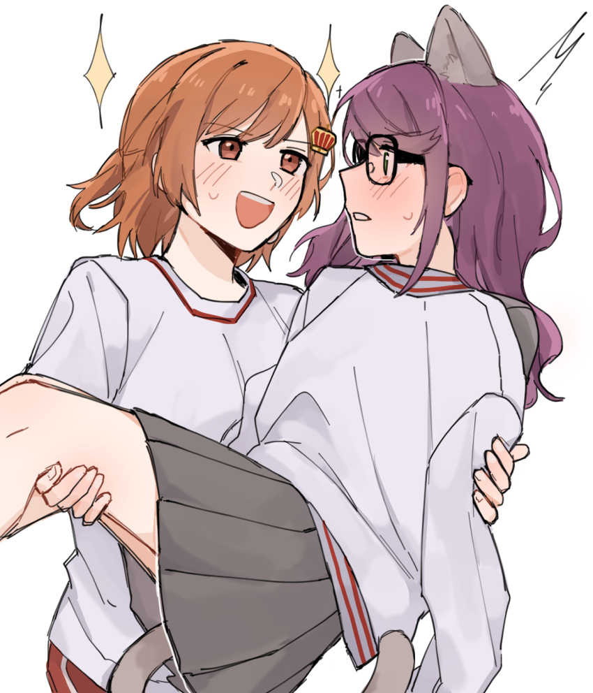 2girls, :d, ^^^, aijou_karen, alternate_hairstyle, animal_ears, bangs, black-framed_eyewear, blush, bot_aijoukaren, brown_eyes, carrying, carrying_person, cat_ears, cat_girl, cat_tail, clothes_in_front, commentary, english_commentary, eye_contact, face-to-face, glasses, green_eyes, grey_jacket, grey_skirt, gym_uniform, hair_down, hair_ornament, hairclip, hands_up, highres, hoshimi_junna, jacket, jacket_removed, kemonomimi_mode, long_hair, long_sleeves, looking_at_another, miniskirt, multiple_girls, one_side_up, orange_hair, pants, parted_lips, pleated_skirt, princess_carry, profile, purple_hair, red_pants, school_uniform, seishou_music_academy_uniform, shirt_removed, short_hair, short_sleeves, shoujo_kageki_revue_starlight, sidelocks, simple_background, skirt, smile, sparkle, standing, tail, teeth, track_jacket, track_pants, upper_teeth_only, white_background, white_jacket, yuri