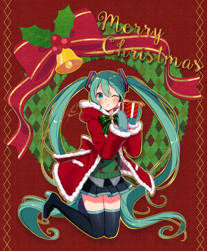 1girl, ;o, aqua_eyes, aqua_hair, aqua_mittens, argyle, argyle_sweater, asagao_minoru
