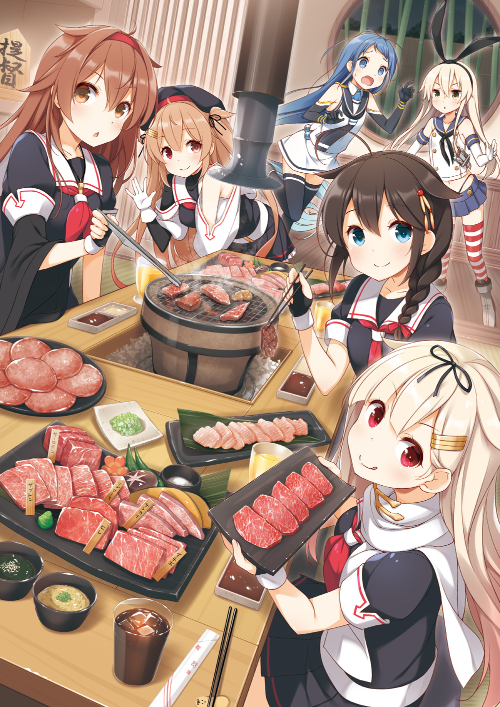 6+girls, @_@, ahoge, black_gloves, black_headwear, black_neckerchief, black_panties, black_ribbon