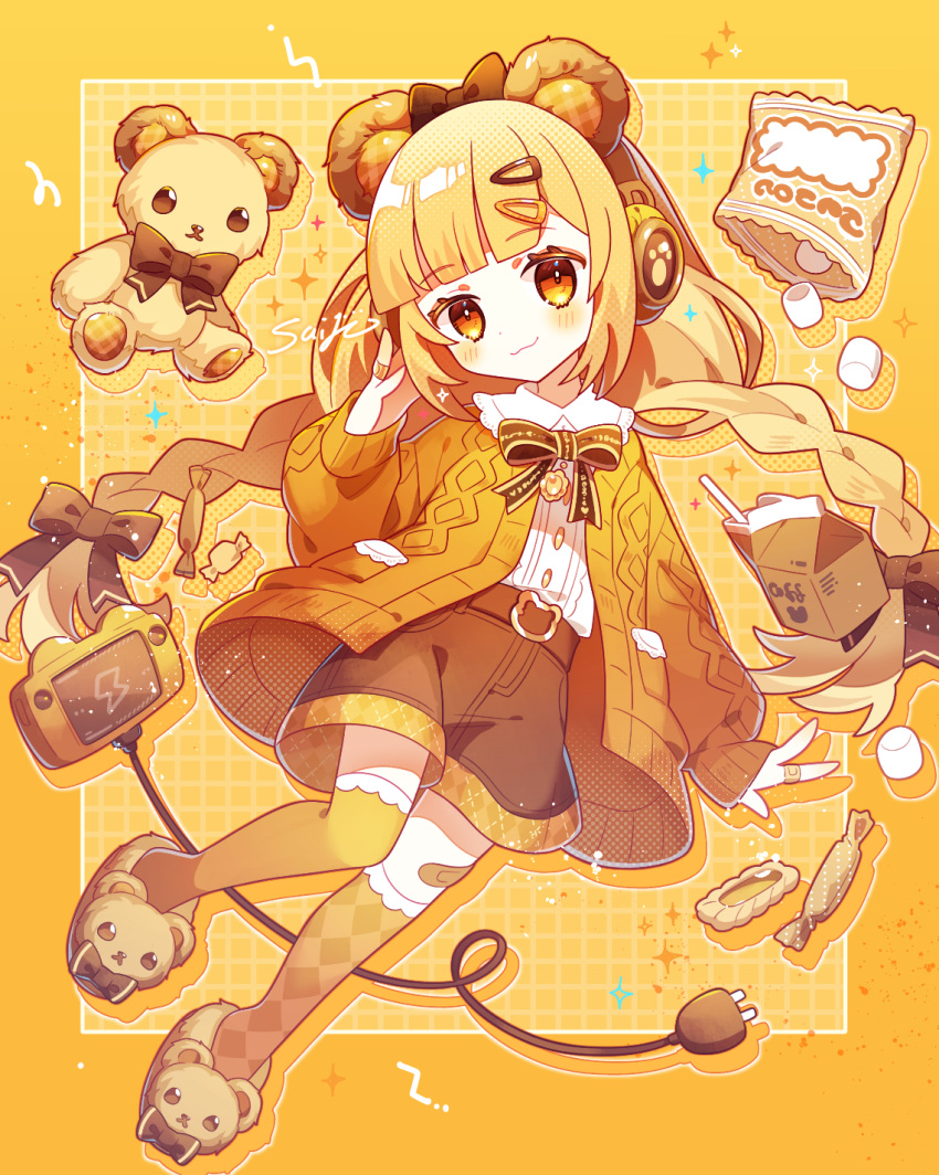 1girl, animal_ears, animal_shoes, bear, bear_ears, bear_girl, black_bow, black_shorts