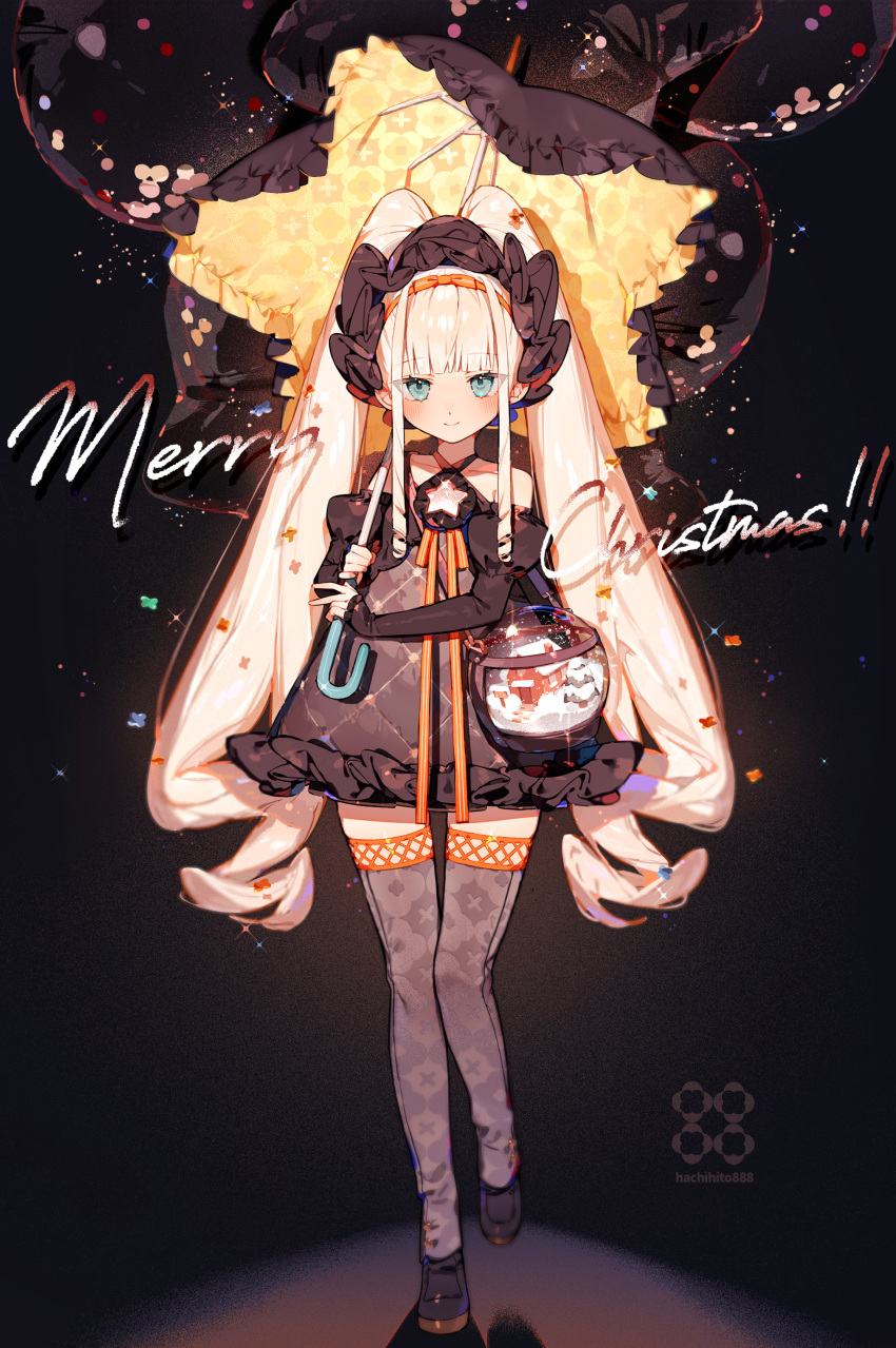 1girl, absurdres, black_dress, black_headwear, black_thighhighs, blonde_hair, blush, dress