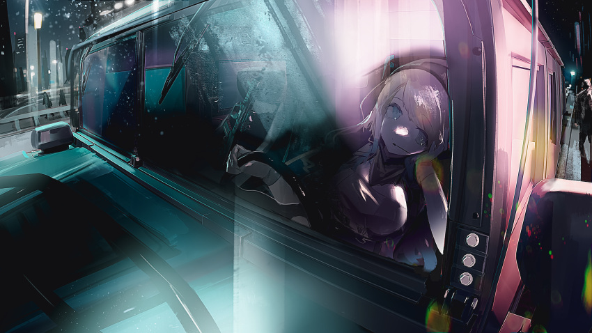 1girl, absurdres, bandana, black_thighhighs, blonde_hair, blue_eyes, blue_hair, breasts, car, commission, dori_(artist), driving, gloves, gradient_hair, ground_vehicle, headset, highres, holding, hummer_h1, indie_virtual_youtuber, long_hair, medium_breasts, motor_vehicle, multicolored_hair, non-web_source, second-party_source, solo, thigh-highs, virtual_youtuber, zeta_(vtuber)