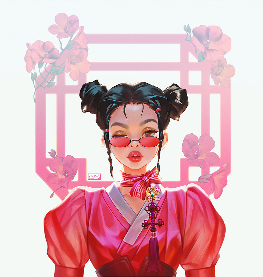 1girl, black_hair, brown_eyes, chinese_clothes, copyright_request, double_bun, east_asian_clothing, eyewear_on_head