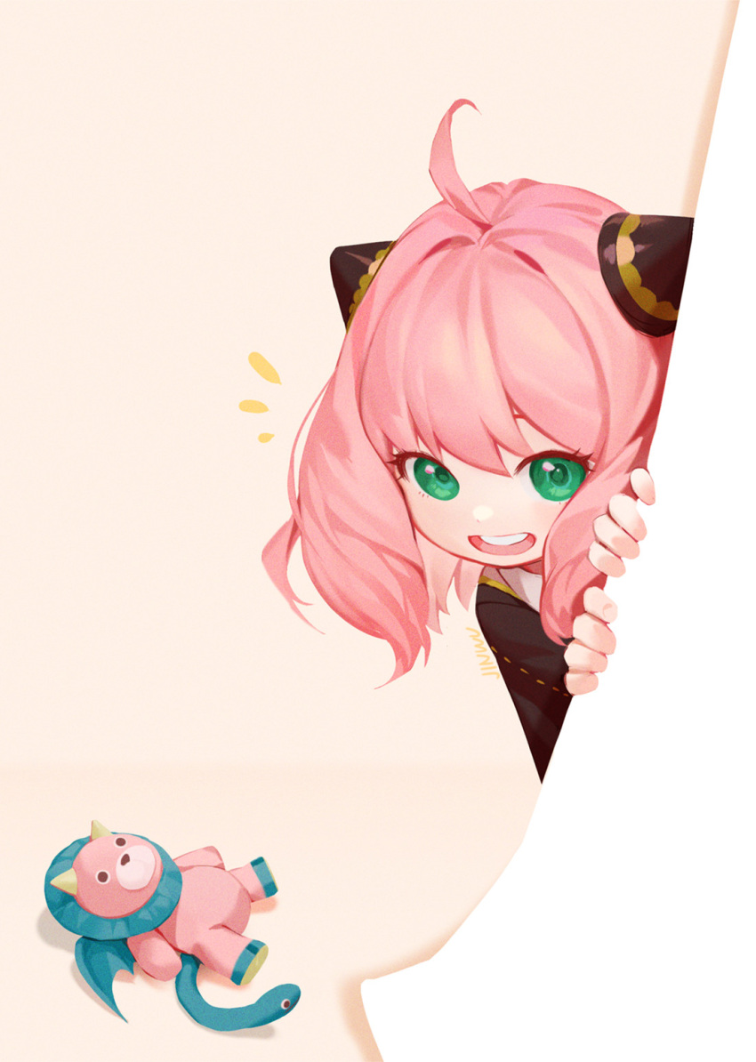 1girl, anya_(spy_x_family), curtain_grab, curtains, director_chimera_(spy_x_family), green_eyes, hair_ornament, highres
