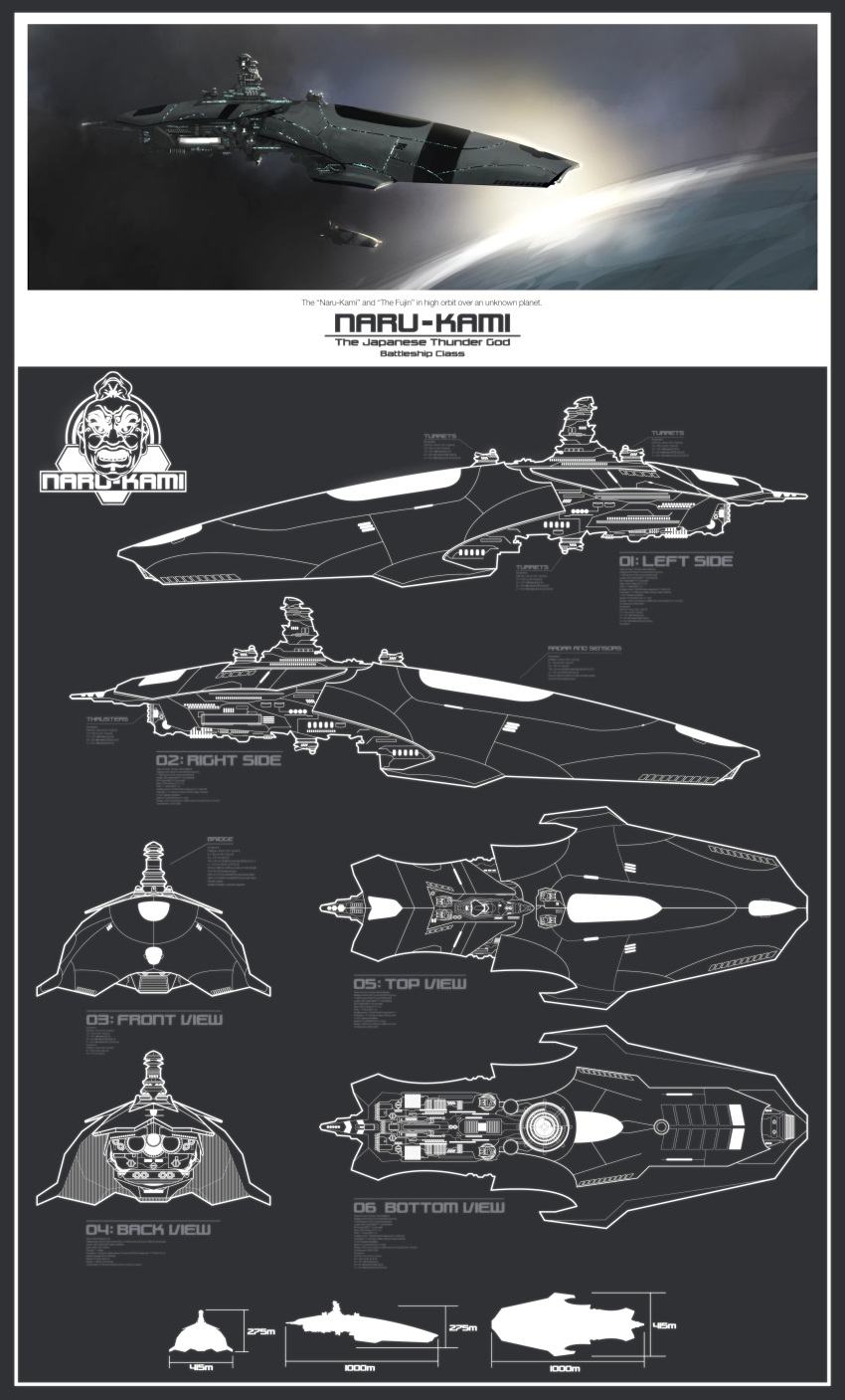 absurdres, baranha, battleship_(eve_online), commentary, concept_art, english_text, eve_online, from_above, from_behind, from_below, from_side, glowing, highres, military, military_vehicle, multiple_views, no_humans, original, outdoors, planet, science_fiction, space, spacecraft, vehicle_focus