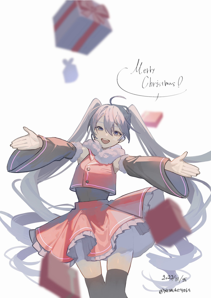 1girl, :d, armpits, backlighting, black_sleeves, black_thighhighs, blue_eyes, blurry