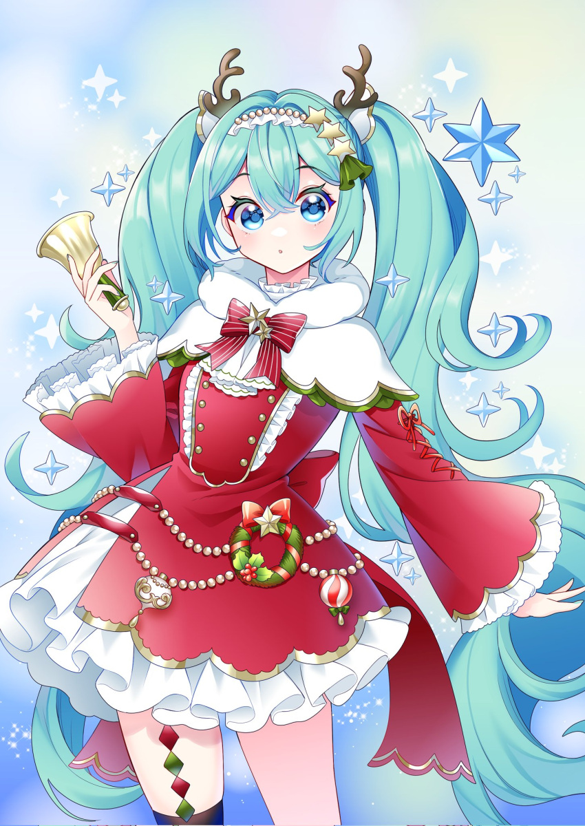 1girl, aqua_hair, arm_at_side, ascot, back_bow, beads, bell, black_thighhighs