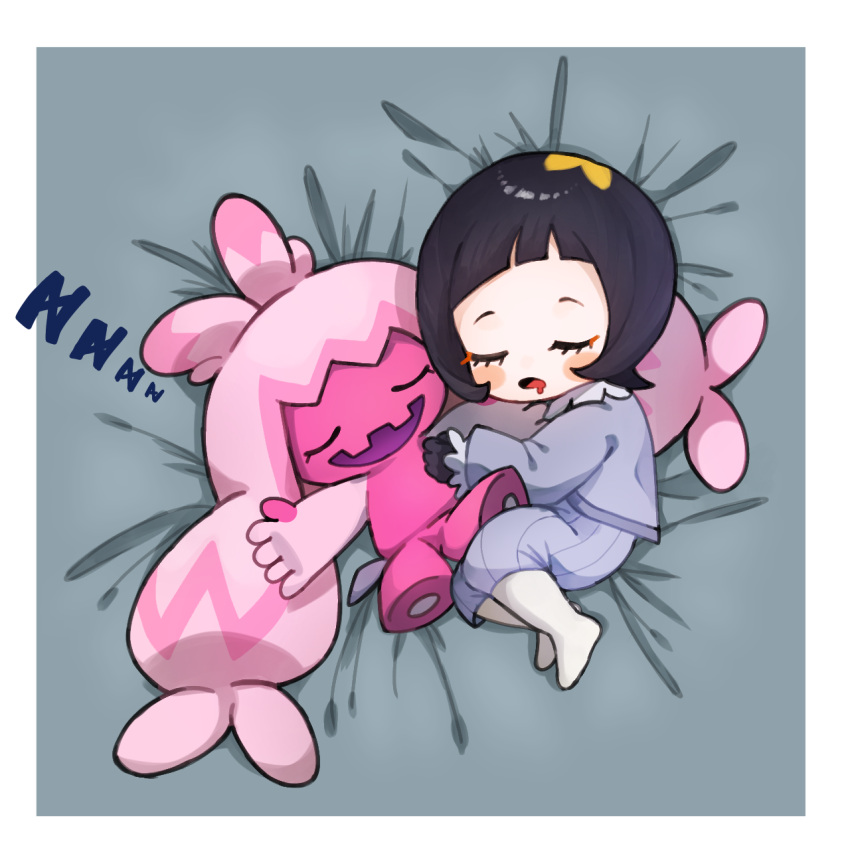1girl, 1other, closed_eyes, drooling, highres, lying, on_back, on_bed
