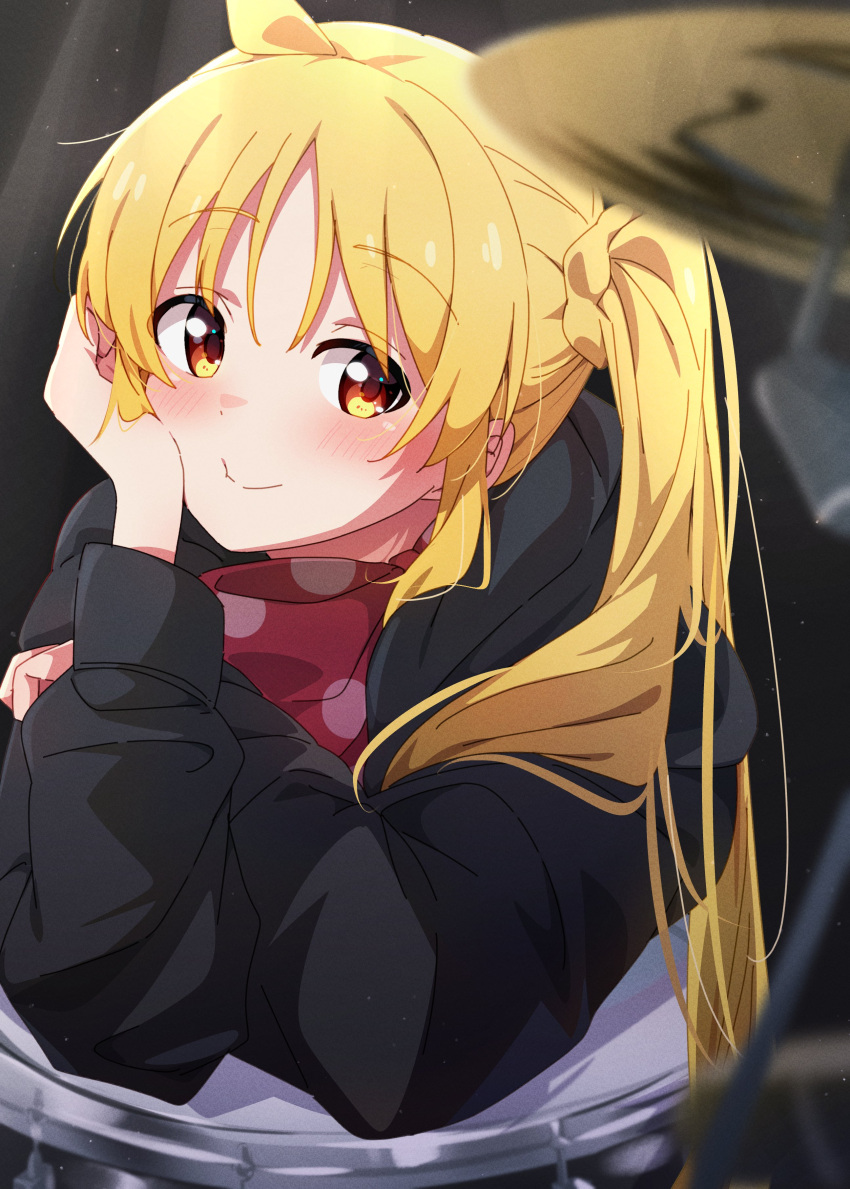 1girl, absurdres, ahoge, bangs, black_jacket, blonde_hair, blurry, blurry_background