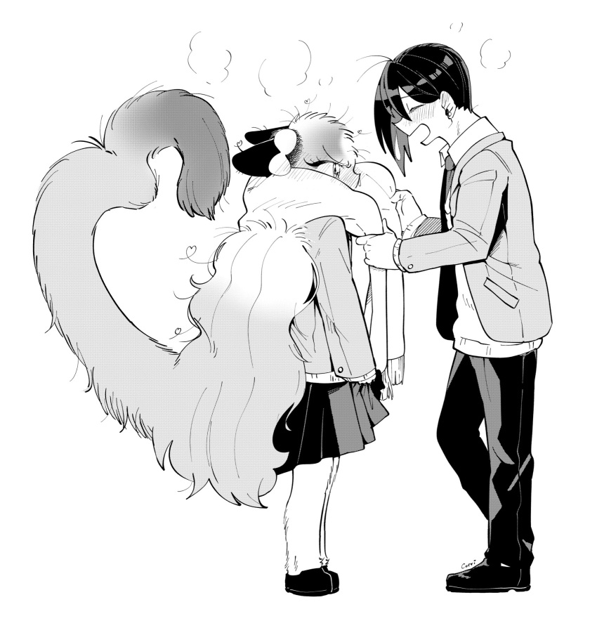 1boy, 1girl, ^_^, adjusting_another's_clothes, adjusting_scarf, animal_ears, arm_at_side, artist_name, asymmetrical_hair, blush, body_fur, bow, breath, cat_ears, cat_girl, cat_tail, closed_eyes, cocri, collared_shirt, commentary_request, ear_blush, earrings, ears_down, facing_another, from_side, full_body, furry, furry_female, greyscale, hair_bow, hands_up, happy, heart, heart_tail, highres, jacket, jewelry, long_hair, long_sleeves, looking_at_another, messy_hair, miniskirt, monochrome, necktie, nose_blush, nose_bubble, open_clothes, open_jacket, open_mouth, original, pants, pleated_skirt, scarf, school_uniform, shiny, shiny_hair, shirt, shoes, short_hair, signature, simple_background, skirt, skirt_hold, smile, snot, standing, stud_earrings, sweater, tail, tail_raised, v-shaped_eyebrows, very_long_hair, white_background, winter_clothes