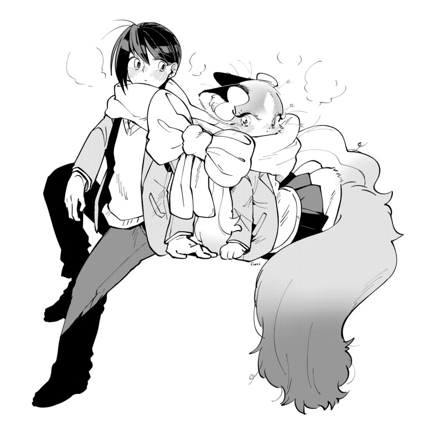 1boy, 1girl, :<, animal_ear_fluff, animal_ears, animal_hands, animal_nose, arm_at_side
