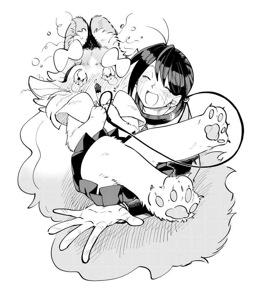 1boy, 1girl, ^_^, absurdres, animal_ears, animal_feet, animal_hands, asymmetrical_hair