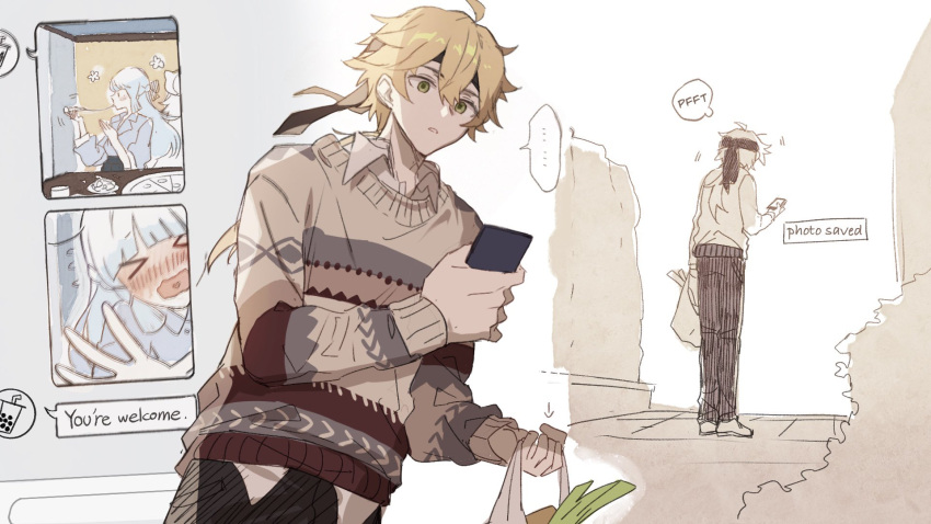 ..., 1boy, ahoge, bag, black_headband, blonde_hair, blue_shirt, brown_sweater, cellphone_picture, collarbone, commentary, contemporary, embarrassed, food, genshin_impact, green_eyes, grocery_bag, headband, highres, kackaorz1, kamisato_ayaka, male_focus, multiple_views, outdoors, parted_lips, pizza, plastic_bag, road, shirt, shopping_bag, solo_focus, spoken_ellipsis, street, sweater, text_messaging, thoma_(genshin_impact), white_shirt