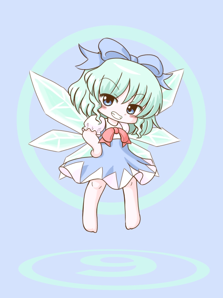 1girl, blue_background, blue_eyes, blue_hair, blue_ribbon, chibi, cirno, fairy