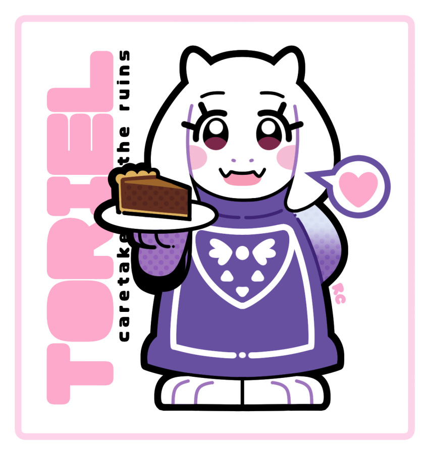 1girl, :d, artsy-rc, blush_stickers, cake, cake_slice, dress, fangs, food, furry, furry_female, heart, highres, holding, holding_plate, looking_at_viewer, plate, purple_dress, skin_fangs, smile, solo, spoken_heart, standing, toriel, undertale