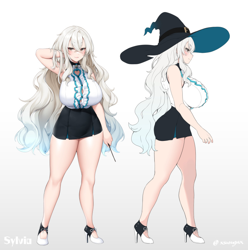 1girl, absurdres, arm_behind_head, black_headwear, black_skirt, breasts, brown_eyes, closed_mouth, frills, gradient, gradient_background, gradient_hair, grey_hair, hat, hat_belt, high_heels, highres, holding, holding_wand, huge_breasts, long_hair, looking_at_viewer, miniskirt, multicolored_clothes, multicolored_footwear, multicolored_hair, original, reference_sheet, shoes, silvia_silvaster_(suruga), simple_background, skirt, smile, smirk, solo, suruga_(xsurugax), walking, wand, white_background, witch_hat