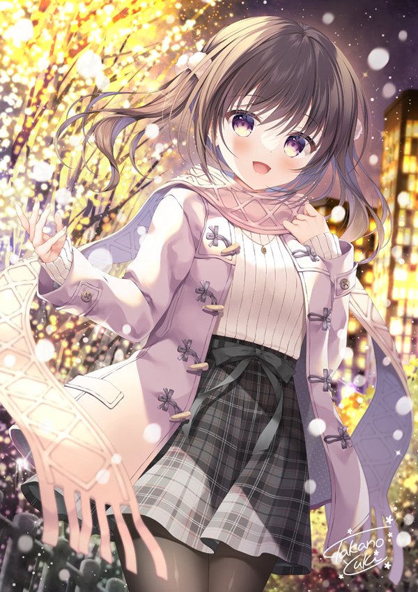 1girl, black_pantyhose, blurry, blurry_background, breasts, brown_eyes, brown_hair, building