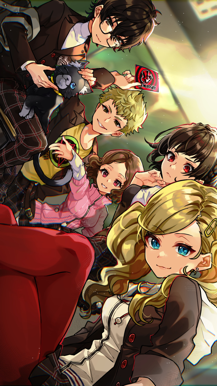 2boys, 3girls, amamiya_ren, belt, black_hair, black_jacket, blazer, blonde_hair
