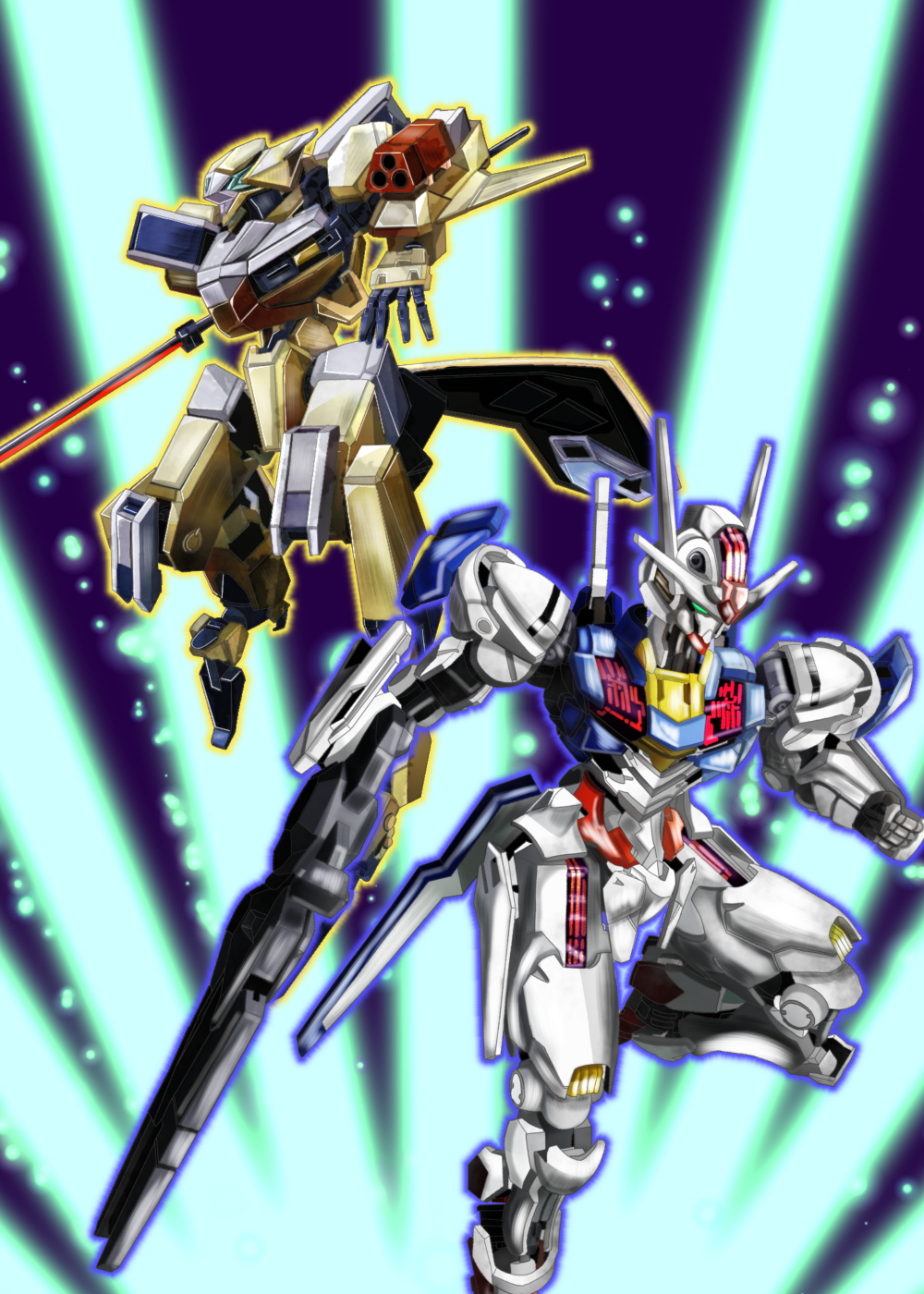 beam_rifle, commentary_request, company_connection, energy_gun, green_eyes, gun, gundam, gundam_aerial, gundam_suisei_no_majo, highres, holding, holding_gun, holding_polearm, holding_weapon, ichinose_kana, kyoukai_senki, masalu_kai, mecha, mobile_suit, naginata, no_humans, polearm, reiki_(kyoukai_senki), robot, sunrise_(company), v-fin, voice_actor_connection, weapon