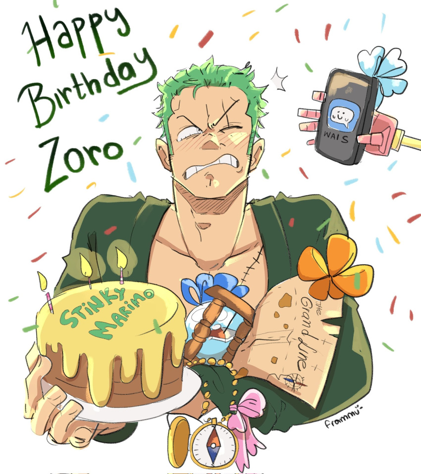 artist_name, birthday_cake, blush, cake, cellphone, character_name, compass, confetti, english_text, food, frammu, gift, green_hair, green_shirt, happy_birthday, highres, holding, log_pose, map, one_eye_closed, one_piece, open_clothes, phone, pink_ribbon, ribbon, roronoa_zoro, scar, scar_on_chest, scar_on_face, shirt, short_hair, smartphone, v-shaped_eyebrows