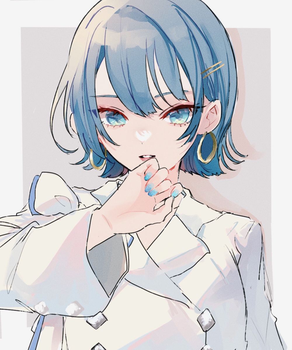 1girl, asagimu_(tsuktsuk), blue_eyes, blue_hair, blue_nails, coat, earrings, grey_background, hair_ornament, hairclip, hand_up, highres, hoop_earrings, jewelry, kiritani_haruka, long_sleeves, looking_at_viewer, parted_lips, project_sekai, short_hair, simple_background, solo, upper_body, white_coat