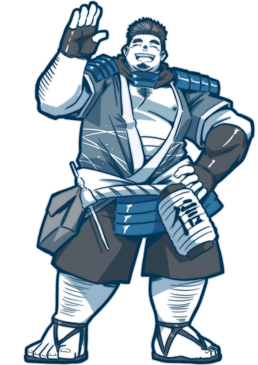 1boy, arms_up, artist_request, biceps, character_request, character_single, cleavage_cutout, clothing_cutout, copyright_request, hand_on_hip, highres, lantern, muscular, nipple_slip, nipples, paper_lantern, plump, raozone, sandals, shinano_(tamacolle), short_sleeves, shorts, shoulder_guard, tamacolle, waving